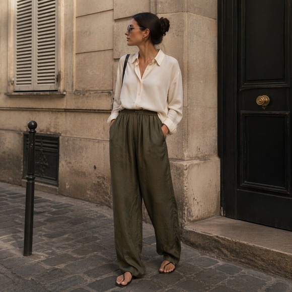 Out Brook Pants - Vintage Silk Blend Pants Womens Size M Olive Green Relaxed Trousers Quiet Luxury